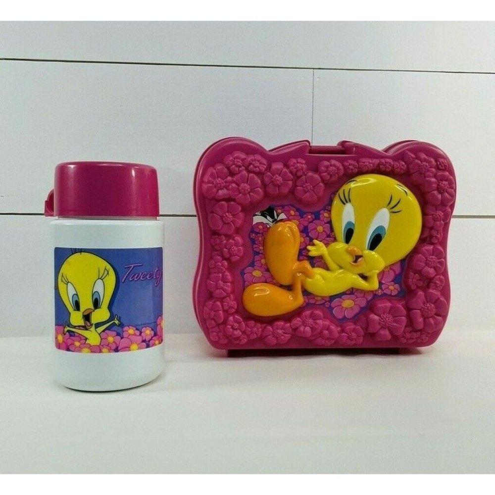 Vintage 1999 Tweety Bird Plastic Lunch Box And Thermos Pink
